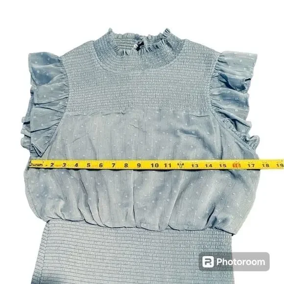 Aqua Ruffle Dress Smocked Short Sleeve Blue Swiss Dot Womens size Large - Picture 8 of 15